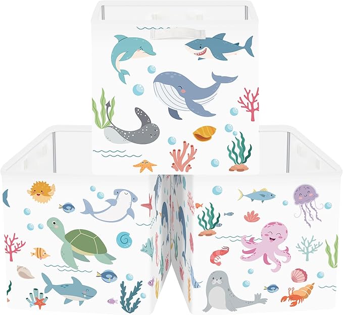 Clastyle Ocean Animals Storage Cube Organizer Set Handle Closet Clothes Cube with Metal Frame Foldable Parents Organizer Storage Basket for Book Toy,White,11.8x11.8x11.8 in