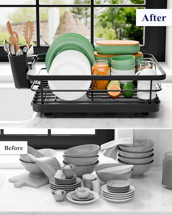 Kitsure Dish Drying Rack - Compact Dish Rack with Utensil Holder & Adjustable Water Outlet, Rust-Proof & Scratch-Resistant Drying Rack for Kitchen, 14.5" x 12.0" x 4.0", Black