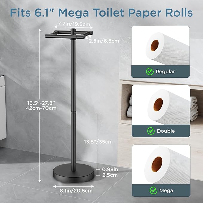 Toilet Paper Holder Stand Adjustable, Freestanding Tissue Roll Holder for Bathroom, Pivoting Design, Durable SUS 304 Stainless Steel and Weighted Base Toilet Paper Stand, Storage, Matte Black