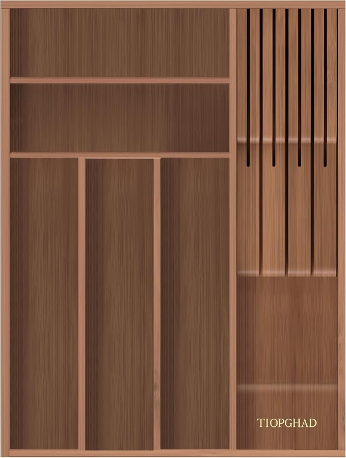 Small-Bamboo-Silverware-Drawer-Organizer, Expandable Utensil Kitchen Cutlery Tray Flatware Organization Wood Tableware Dividers Storage (with Removable Knife Block)(Brown)