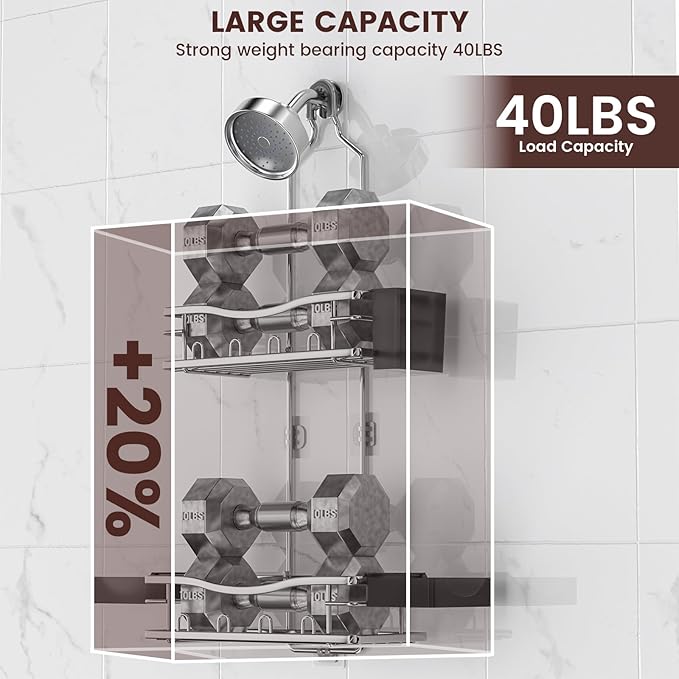 REINHARDT Shower Caddy Hanging, Rustproof Shower Caddy Anti-Swing Shower Organizer Over Showerhead No Drilling Shower Racks with Soap Holder Multi Hooks Bathroom Storage for Shampoo Sponge, Silver