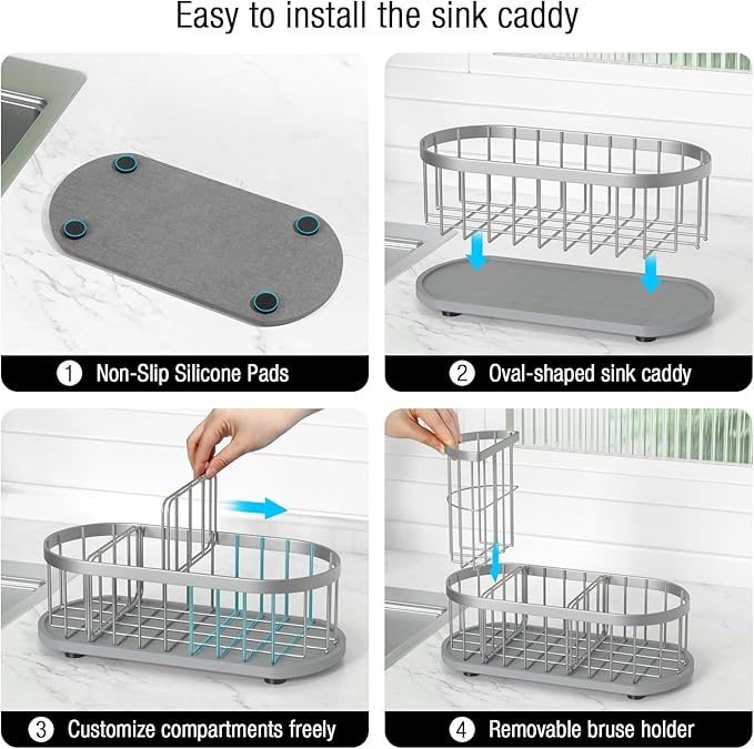 LARGE Kitchen Sink Caddy Organizer,[FLEXIBLE PLACEMENT & FAST-DRYING] Sponge Holder for Kitchen Sink Countertop with High Brush Holder-Rustproof 304 Stainless Steel-9.84"L x 4.72"W x 5.83"H