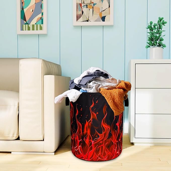 Red Flame Laundry Basket Oxford Cloth Funny Raging Fire Laundry Hamper With Handle Foldable Portable Clothes Storage Basket 18.9 X 16.5 In Storage Bag For Laundry Room/Bathroom/Bedroom/Dormitories