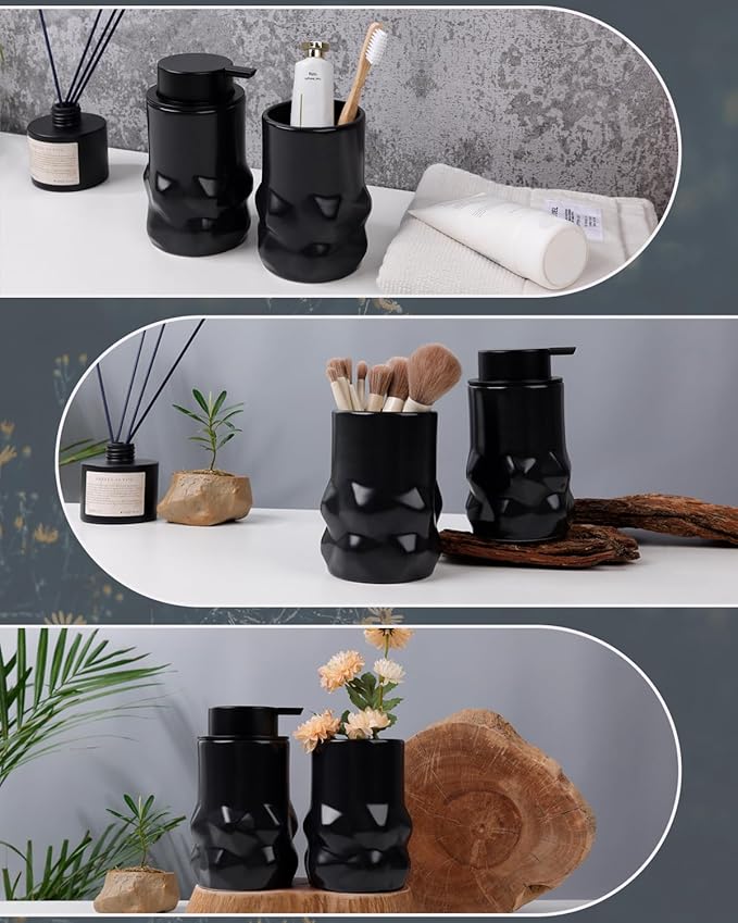 BosilunLife Hand Soap Dispenser - Foam Soap Dispenser Bathroom Ceramic Dish Liquid Soap Dispenser for Kitchen, Bathroom Countertop Soap Dispensers (Black-Foam-Sculpt)
