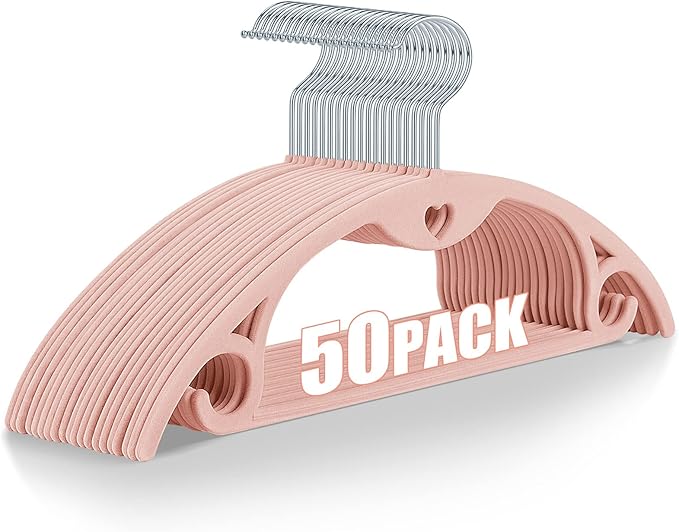 IEOKE Velvet Hangers 50 Pack: Felt Clothes Hangers Heavy Duty Shirt Sweater Hangers No Shoulder Bump Non Slip Slim Thin Coat Hangers for Closet - Pink