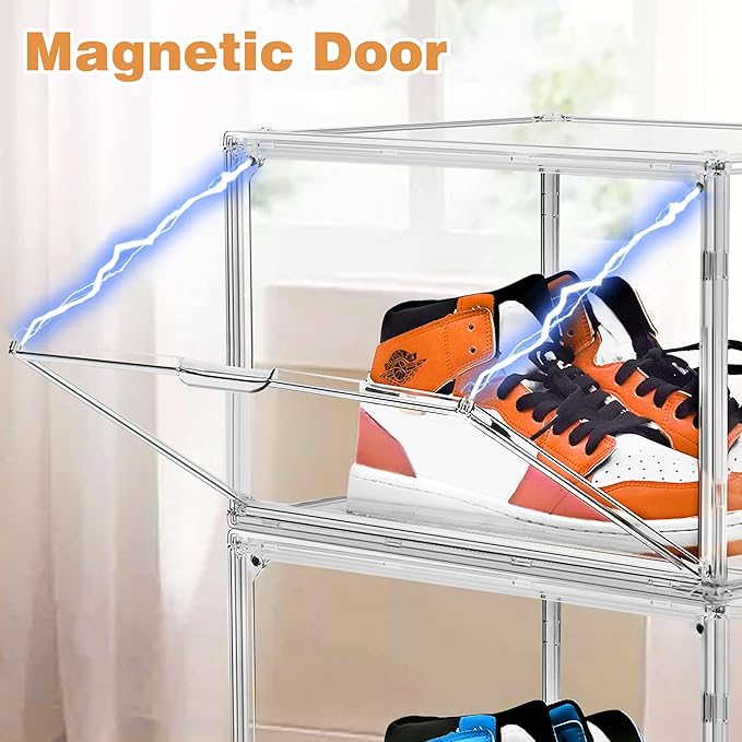 6 Pack Clear Shoe Boxes Sneaker Storage Organizer Box for Closet Stackable Handbag Organizer Acrylic Display Shoes Case with Lid Storage Box for Boots,Book,Collectibles,Figures,Shoes,Cosmetic,Size 14