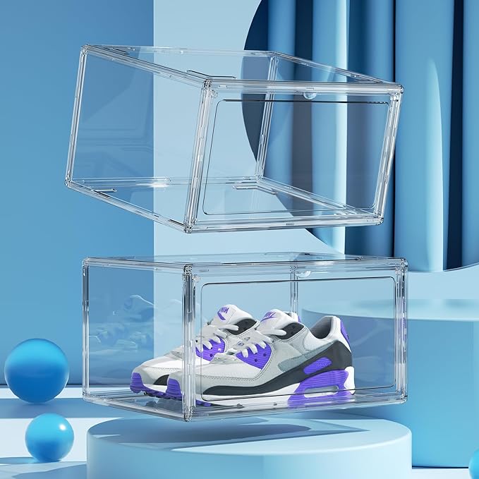 HIYOHIYO 8 Pack 360° Acrylic Clear Shoe Organizer for High-end Sports Shoes, All Clear Display Shoe Storage Box, Fully Transparent Display Case with Magnetic Door, Fit Size 14 (14.2"x10.6"x7.8")