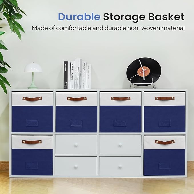 6-Pack Storage Cubes with Handles & Label Holders Basket, Closet Cube Home Organizer Bins(White/Blue, 13 x 13 x 13 inch)