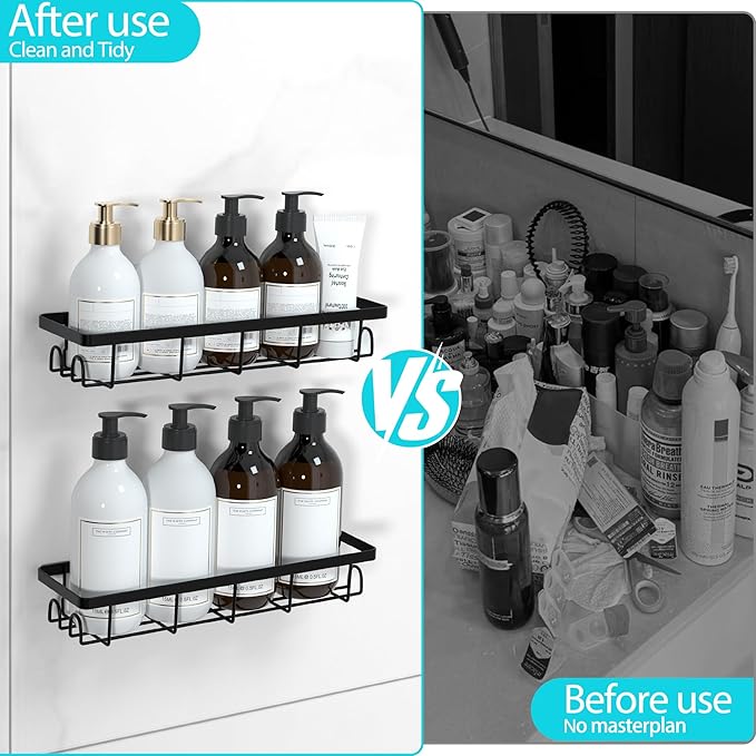 Uninol Shower Caddy Organizer with Hooks,Self Adhesive Bathroom Shelves,No Drilling Bathroom Organizers and Storage,Perfect for RV, Apartment, Home Decor,2 Pack Black