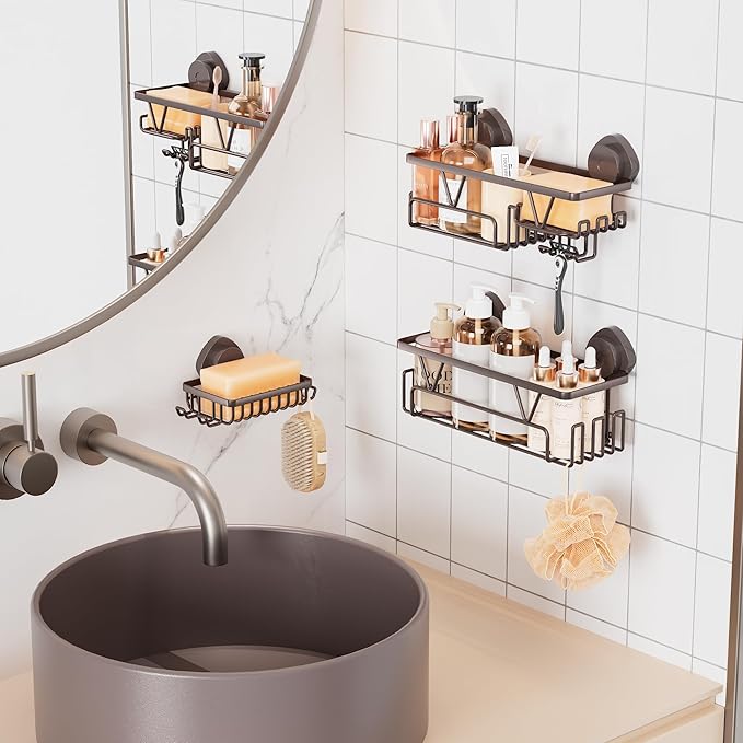 KEGII Suction Cup Shower Caddy – 3 Pack Suction Cup Shelf with Soap Holder & Hooks, Rustproof Stainless Steel Shower Organizer, Removable No Drilling Bathroom Storage Rack, Bronze
