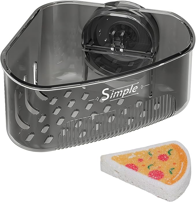 Suction Cup Sink Corner Rack,Sponge Holder with Strong Suction Cup, Kitchen Sink Organizer with Drainage Holes, Storage Rack for Bathroom, with Pizza - Shaped Sponge