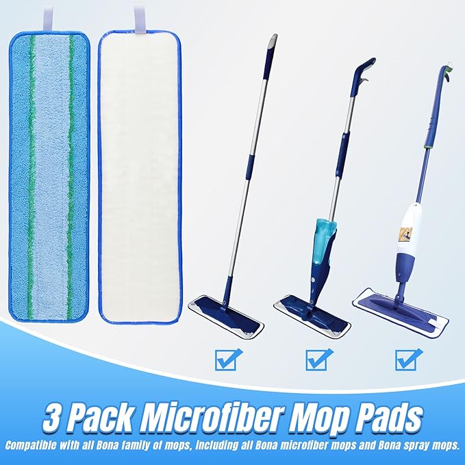 3 Pack Deep Cleaning Pad for Bona Hardwood Floor Cleaner Mop Replacement, Washable & Reusable Pads for Bona Family of Mops, Spray Mop Pads for Hard Surface Floors Cleaning