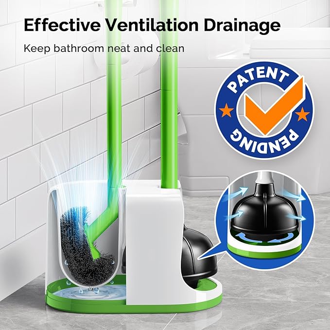 HAMITOR Toilet Plunger Bowl Brush Combo：Heavy Duty Rubber for Drain Clog Remover - Curved Design Bristles for Deep Cleaning Under Rim - Compact Bathroom Cleaning Tools for New Homet Essentials-Green