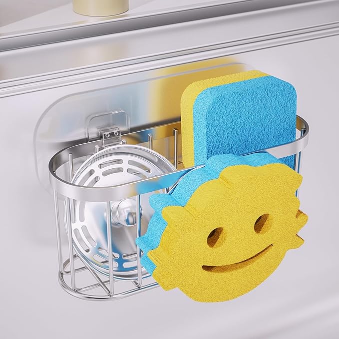 Consumest Sponge Holder Smiley Face - Kitchen Sink Caddy, Sink Organizer with Removable Suction Cups & Adhesive Strips, Suit for Sponge, Soap, Silver