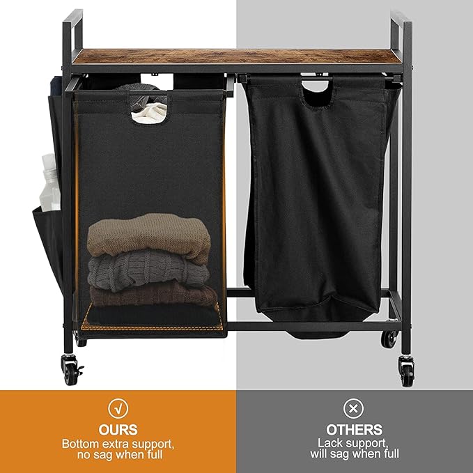 WOWLIVE Double Laundry Hamper with Lid,Rolling Laundry Basket Organizer with Wheels, Iron-Made Laundry Sorter with Top Shelf and 2 Removable Bags,Large Clothes Storage for Room,Black 1