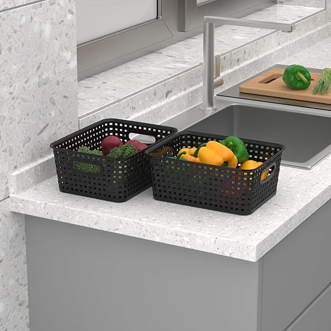 9-Pack Plastic Woven Storage Baskets Set - Black Organizer Bins for Shelves, Kitchen Pantry, Bathroom, Office | 10.1"L x 7.55"W x 4.1"H | Multi-Purpose Shelf Basket Organizers
