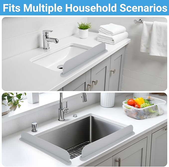 19.29 inch Kitchen Sink Splash Guard, Silicone Sink Baffle Splash Guard, Backsplash Protector for Kitchen Countertop & Bathroom Bathtub with Non-Slip Strong Suction, Gray