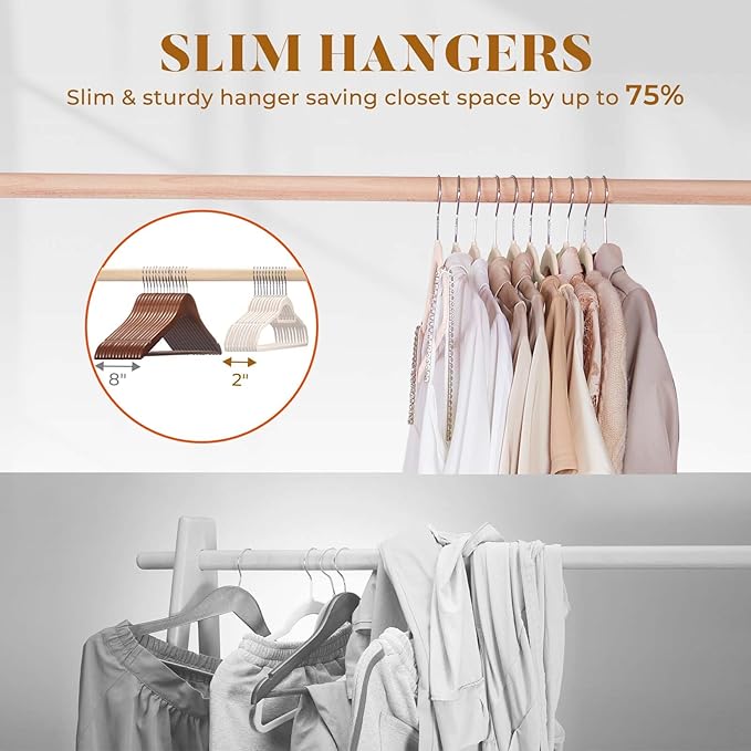 HOUSE DAY Velvet Hangers with Tie Bar 60 Pack Ivory, Clothes Hanger Non-Slip, Space Saving Felt Hangers for Pants, Coat, Suits, Shirt, Scarf, No Hanger Marks