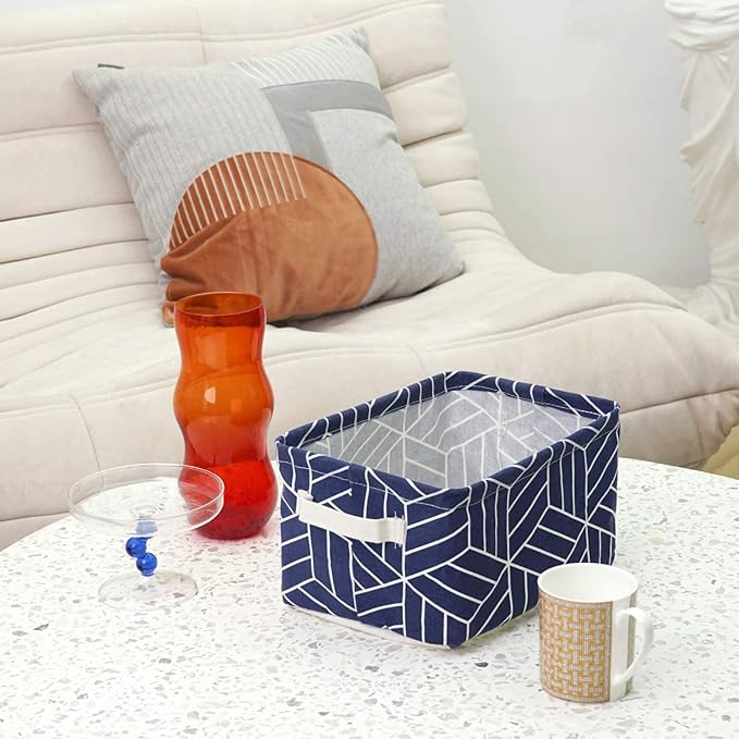 CROWNED 6 Pcs Storage Basket Foldable Cube Fabric Bins Square Mini Box Receive Organizer Rectangle Canvas with Handles for Home Office Books Small 11x8x6.3 inch Navy