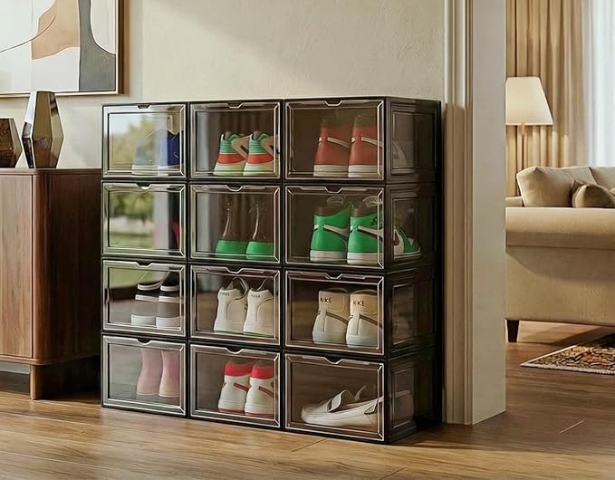 12 Pack Black Shoe Storage Boxes Stackable, Plastic Shoe Boxes with Lids, Sneaker Storage, Transparent, Thick Hard, Drop Front Door, Within US Size 13