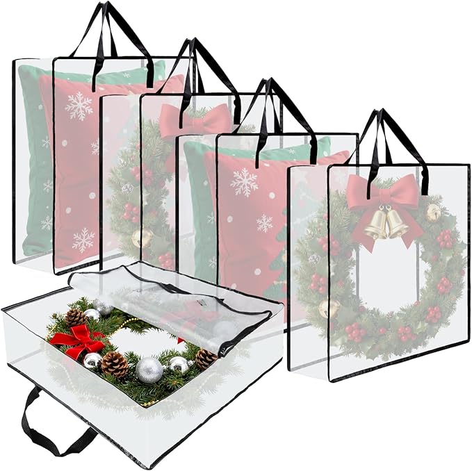 Wreath Storage Bag, 26 Inches Wreath Storage Container Christmas Decoration Garland Container Clear Storage Bags Moving Bag for Wreaths Clothes Gift Pillow Under Bed Storage (White - 5 PACK)