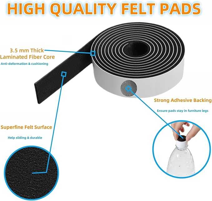 Felt Strips with Adhesive Backing – Furnigear Heavy Duty Cuttable Felt Tape Roll Furniture Pads for Chair Legs - Protecting Hardwood Floors, Chair Wall Protector (Black, 120 x 2 x 0.14 Inch)