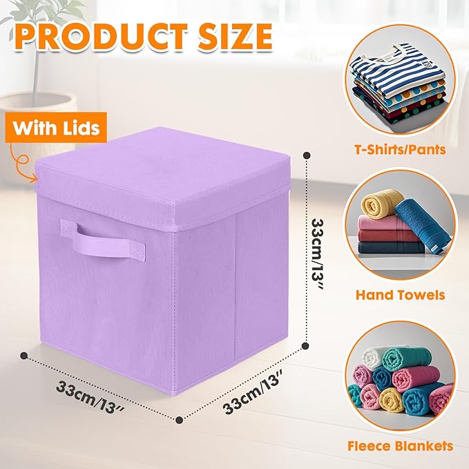 ShellKingdom Storage Bins, Foldable Fabric Storage Cubes with Lid, Clothes Storage Organizer Drawer For Closet Toys Storage, 13 X 13 X 13 INCH, 2 Pack (Lavender)