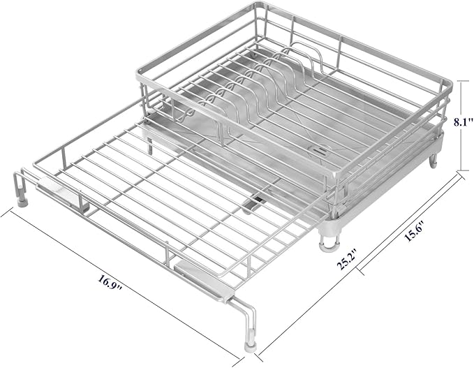 Kitsure Extendable Dish Drying Rack - Rust-Resistant Dish Racks for Kitchen Counter with Adjustable Support Legs, Cutlery Holder & Removable Draining Tray (Grey, 15.6''-25.2''L × 16.9''W × 8.1''H)