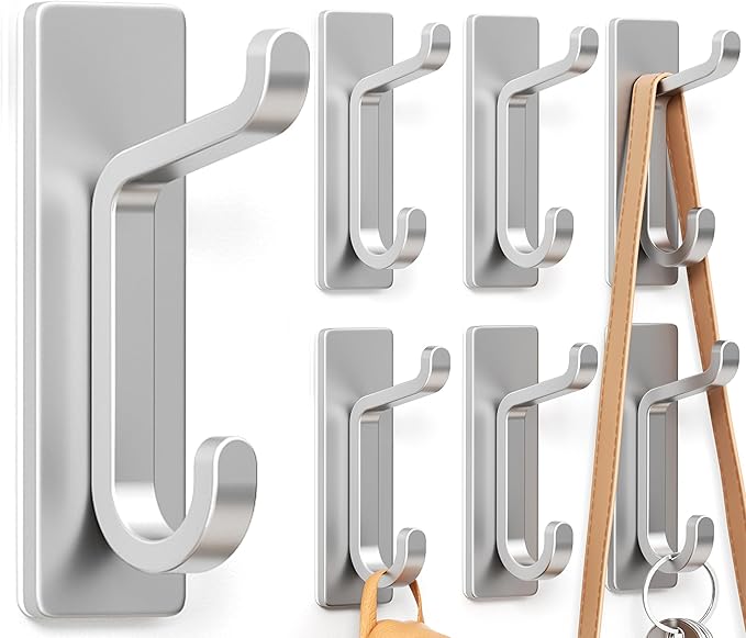 pickpiff Wall Hooks for Coat and Towel: 13LB Strong Adhesive Door Hanger Stick on, Silver 6 Pack