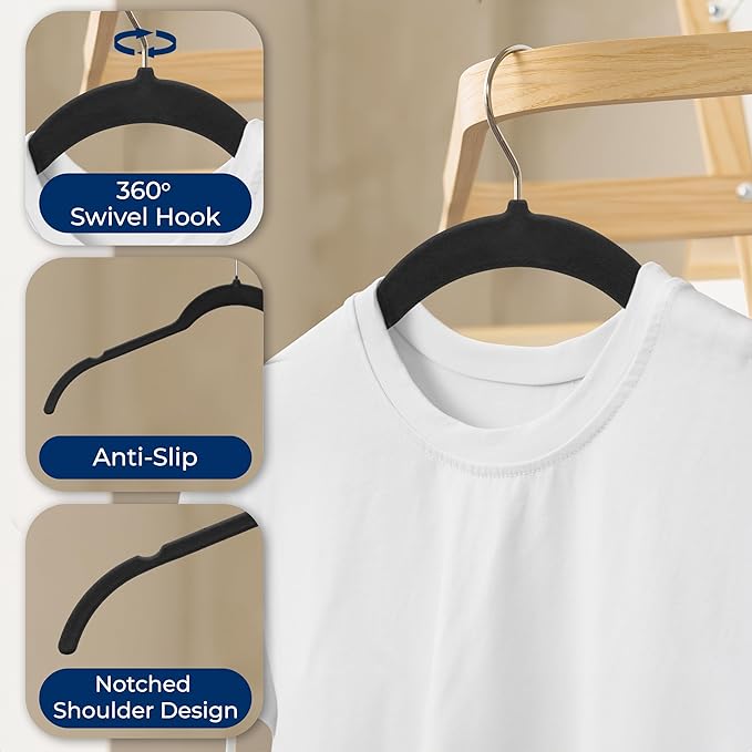 SereneLife 100 Pack Shirt Hangers, Heavy Duty Non-Slip Velvet Hangers with 360° Swivel Hooks, Slim Space-Saving Design for Tops, Jackets, Blouses, & Strappy Dresses (Black)