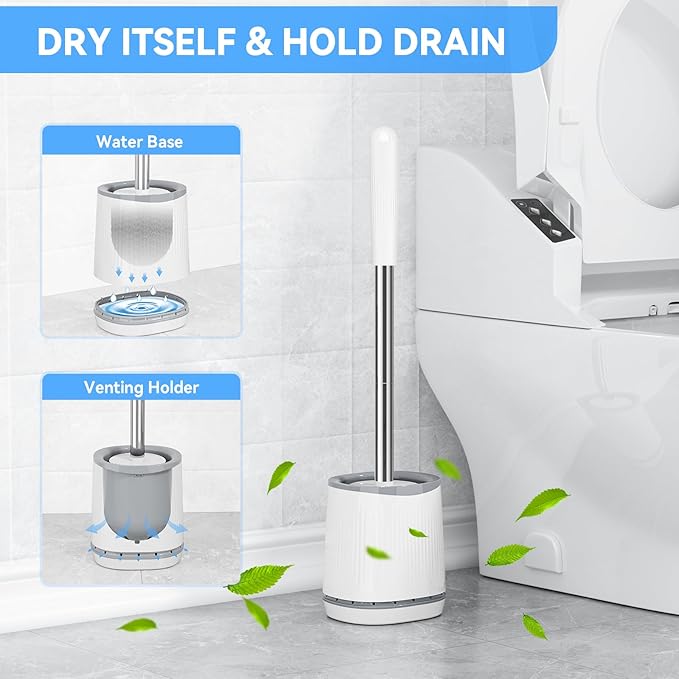 TRENTI Toilet Brush, Toilet Brush and Holder Set, Bristles Toilet Bowl Brush Head with Ventilated Holder, Wall Mounted Compact Toilet Brush Set for Bathroom Deep Cleaning (3, White)