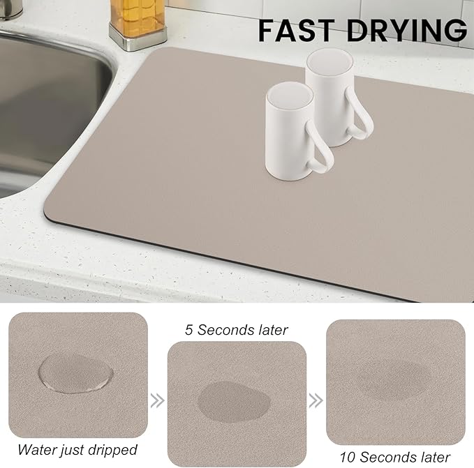 WISELIFE Dish Drying Mat Super Absorbent Drying Mat Large Dish Drying Mats for Kitchen Counter Easy Clean Dish Mat Kitchen Drying Mat16"x 24" Classic Khaki