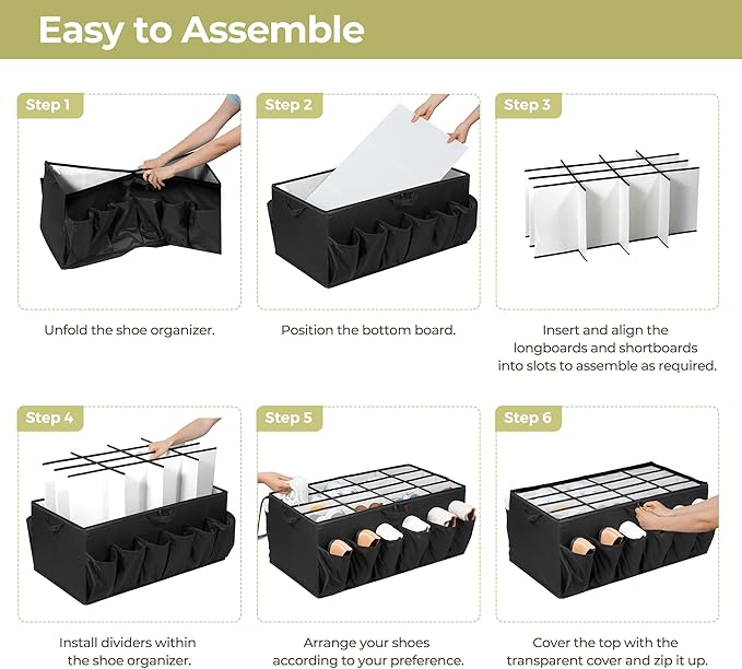 Shoe Organizer for Closet, Shoe Storage Solution with Clear Cover & Adjustable Dividers, Fabric Shoe Box Fits 16 +12 Pairs Shoes, Black, 2-Pack