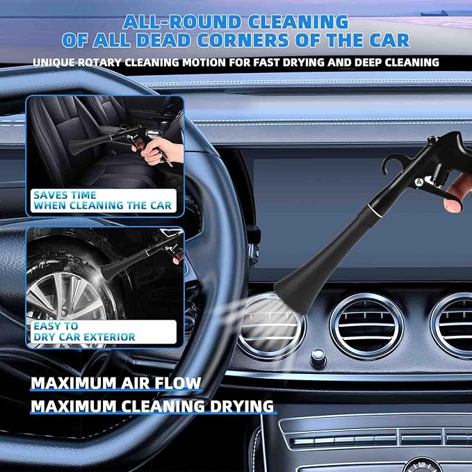 Car Cleaning Gun,High Pressure Air Blow Gun,Fast Interior Dryer Car Detailing Kit,Car Detailing Tools for Quickly Blowing Dust and Dirt Away Working with Compressed Air(2 MORE REPLACEMENT BRUSH HEADS)