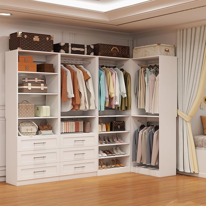 Closet System with 4 Sets, Closet Organizer Systems with 6 Drawers & 8 Hanging Rods & Adjustable Shelves, Walk in Closet Freestanding Closet System Modular Closet System Set White