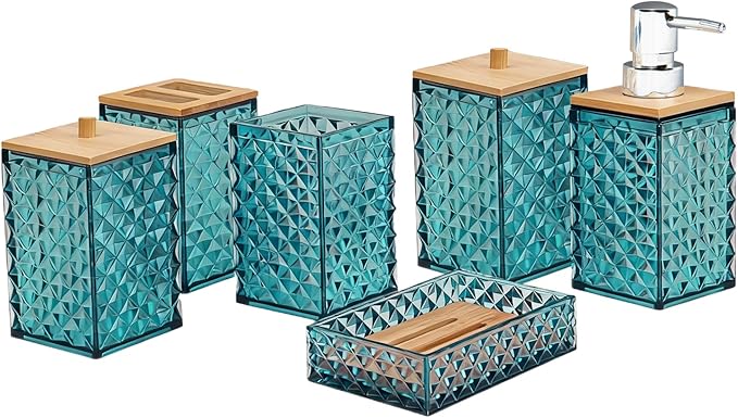 Bathroom Accessory Set,6 Pcs Dark Green Bathroom Set Include Soap Dispenser, Qtip Holder Dispenser, Soap Dish, Toothbrush Holder & Mouthwash Cup.Boho Bathroom Set