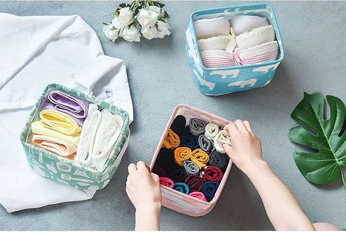 FocuH Stylish Storage Basket Cotton and Linen Fabric Mini Storage Cubes Nursery Storage Baskets with Handles for Shelves & Desks (Set of 3)