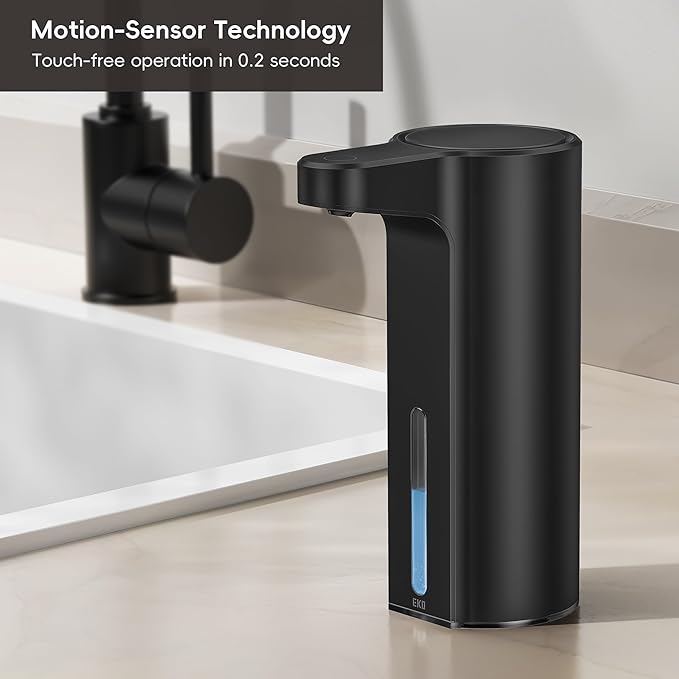 EKO Aroma 9 fl oz Automatic Liquid Soap Dispenser, Rechargeable & Water-Resistant Soap Dispenser for Kitchen and Bathroom with Adjustable Volume Control (Matte Black Steel)