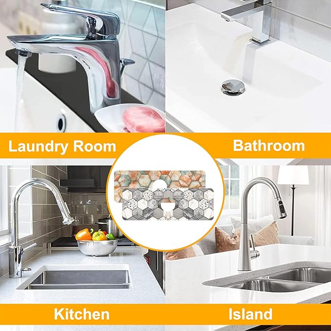 2 Pack Hexagon Marble Sink Splash Guard Faucet Mat Gold Glitter Lines Marble Super Absorbent Fast Drying Mat Sink Gadgets-Splash Guard Behind Faucet Drip Catcher for Kitchen Bathroom, 15.5"x5.5"