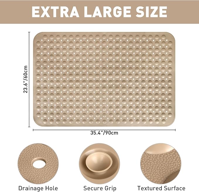 Mofonky Shower Mat Non Slip: 35.4 x 23.6 Inch Extra Large TPE Shower Mats for Inside Shower - Anti Slip Shower Stall Matt with Drain Hole and Suction Cups for Elderly