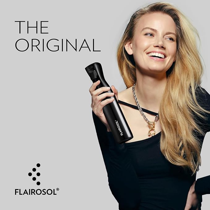 FLAIROSOL Spray Bottle for Hair, Continuous Spray Bottle with 0.3MM Ultra Fine Mist, Water Mister for Hairstyling, Cleaning, Plants, Pets, 10.1oz/300ml, Black Bottle, White Print