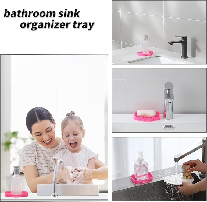 MicoYang Silicone Bathroom Soap Dishes with Drain Spout-Bathroom and Kitchen Sink Organizer,Sponge Holder,Dish Soap Tray,Perfect for Dispenser,Scrubber,Bottle,Cup on Sink or Counter-Rose 4.9"×3.2"