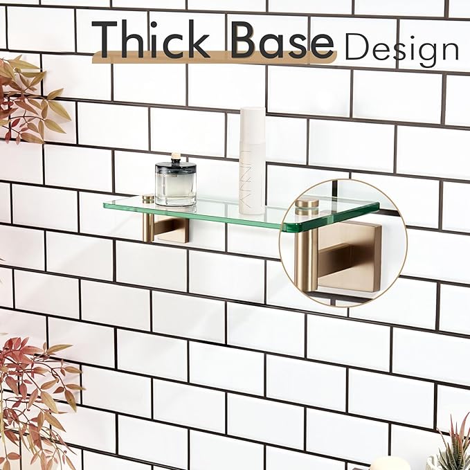 KOKOSIRI Wall Shelves Bathroom Hardware Glass Floating Shelf Small Hanging Rack Storage/Room Decor 12-Inch Champagne Bronze 2 Pack B1105CPG-L12-P2
