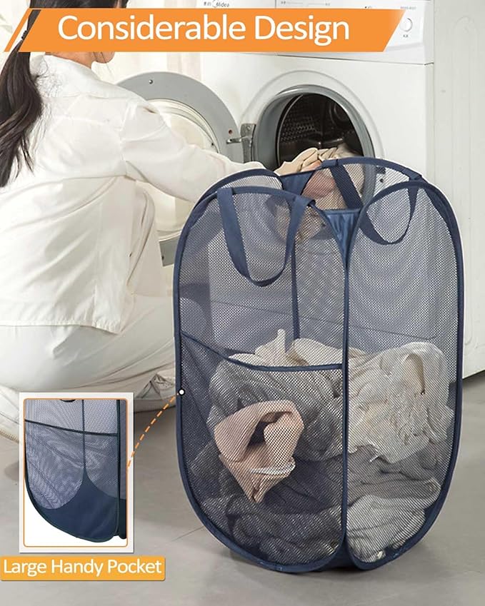 Navy Blue Durable Foldable Laundry Hamper, 22.8 x 14.2 x 14.2 inches
