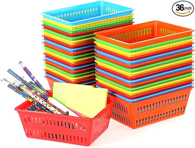 Sherr 36 Pack Classroom Storage Basket Small Plastic Basket for Organizing Crayon Pencil Container Storage Bin Tray Holder for Paper Shelf Back to School Office Supply 6.1"l x 4.3"w x 2.4"h(Colorful)