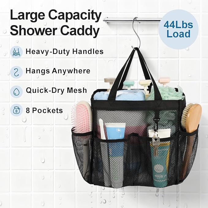 F-color Mesh Shower Caddy Portable, Upgrade Deeper 7 Pockets Shower Bag Basket Tote for College Dorm Room Bathroom Essentials Gym Camp Quick Dry 2 handles with S Hook, 2 Pack Black