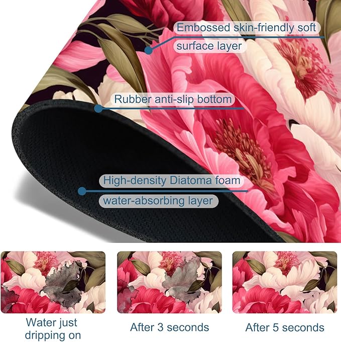 Garden Flowers Kitchen Sink Splash Guard Faucet Mat Watercolor Peonies Super Absorbent Fast Drying Mat Sink Splash Guard Behind Faucet for Kitchen Bathroom, 23.5"x5.5"
