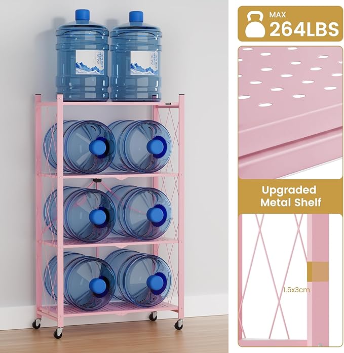 ALANNG Heavy Duty 4-Tier Folding Shelf with Wheels, No Tools Assembly Metal Storage Rack Cart, 264LBS Capacity for Kitchen, Pantry, Laundry Room, Garage, (Pink, 1PACK)