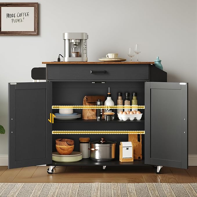 HOOBRO Kitchen Island with Drop Leaf Countertop & Power Outlet, Rolling Island Cart on Wheels, Kitchen Cart with Drawer & Spice Rack, Mobile Island Table for Kitchen, Black BF86UZD01