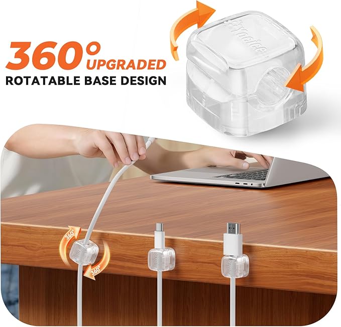 12Pack Rotatable Cord Organizer,Spring Cable Clips Desk Cable Management Cord Holder Adhesive Phone Charger Cord Clips for Home Office Car Wall Nightstand Accessories, Clear
